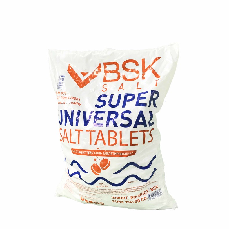 Соль таблетированная 25 кг, ТМ "BSK SUPER UNIVERSAL", Универсальная, Калиброванная, Двойной очистки. NaCL 99,9 % (Импортная, БСК)