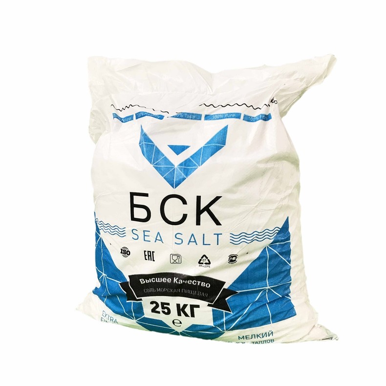 Соль пищевая Морская натуральная, 25 кг, ТМ "БСК", мелкая, помол 0 (Импортная, БСК)