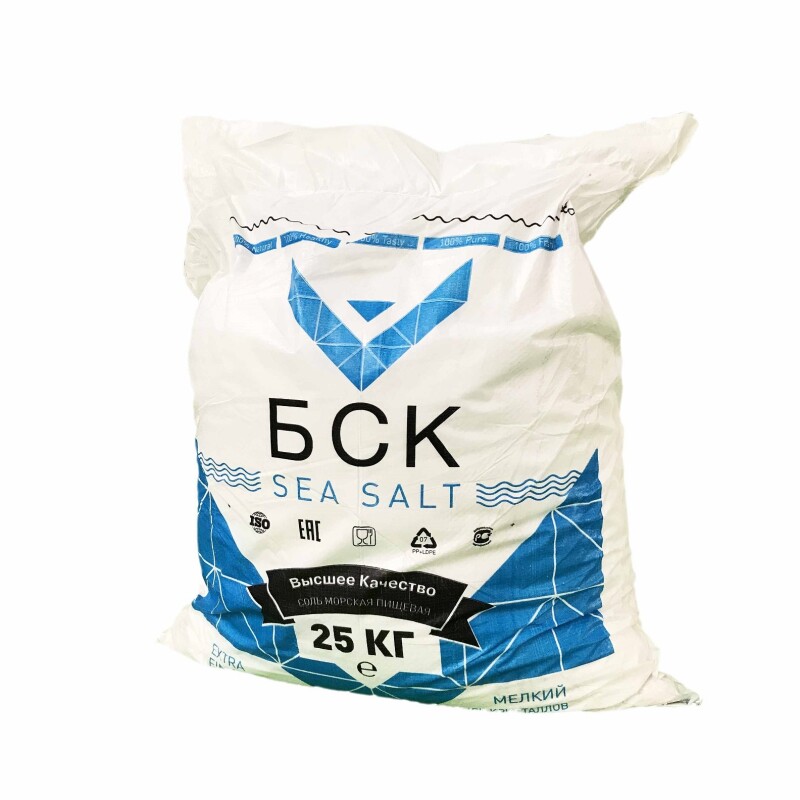 Соль пищевая Морская натуральная, 25 кг, ТМ "БСК", мелкая, помол 0 (Импортная, БСК)