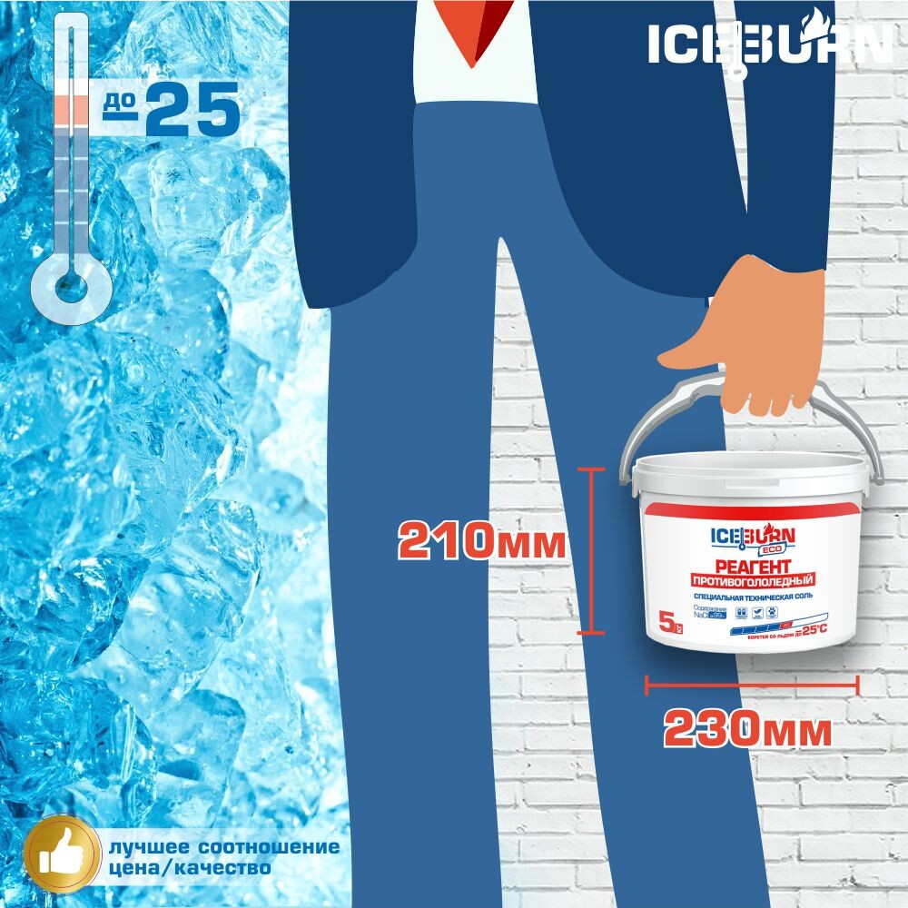 Реагент противогололедный ICEBURN ECO (до -25 °C), соль специальная техническая NaCl до 99%, белый галит, ведро 5 кг.