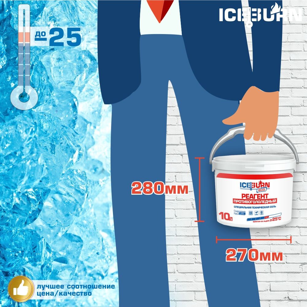Реагент противогололедный ICEBURN ECO (до -25 °C), соль специальная техническая NaCl до 99%, белый галит, ведро 10 кг.