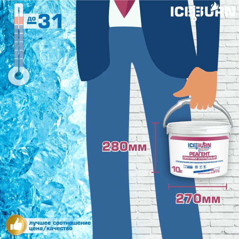 Реагент противогололедный ICEBURN ECO PRO (до -31 °C), соль белая специальная крупнокристаллическая NaCl до 99,5%, ведро 10 кг.
