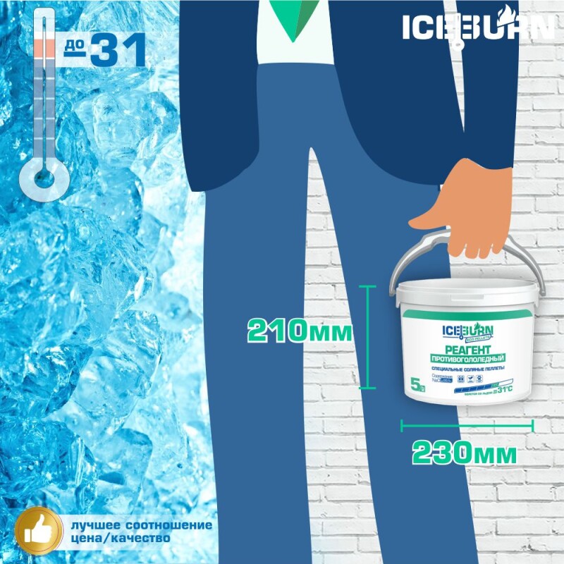 Реагент противогололедный ICEBURN ECO PELLETS (до -31 °C), специальные соляные пеллеты NaCl до 99,5%, ведро 5 кг.