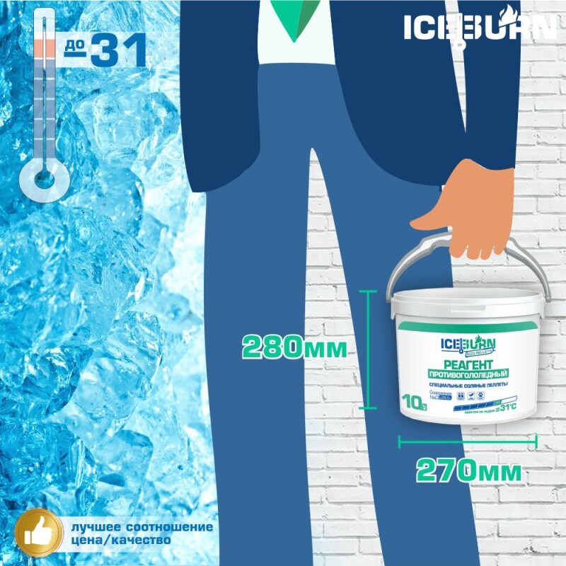 Реагент противогололедный ICEBURN ECO PELLETS (до -31 °C), специальные соляные пеллеты NaCl до 99,5%, ведро 10 кг.