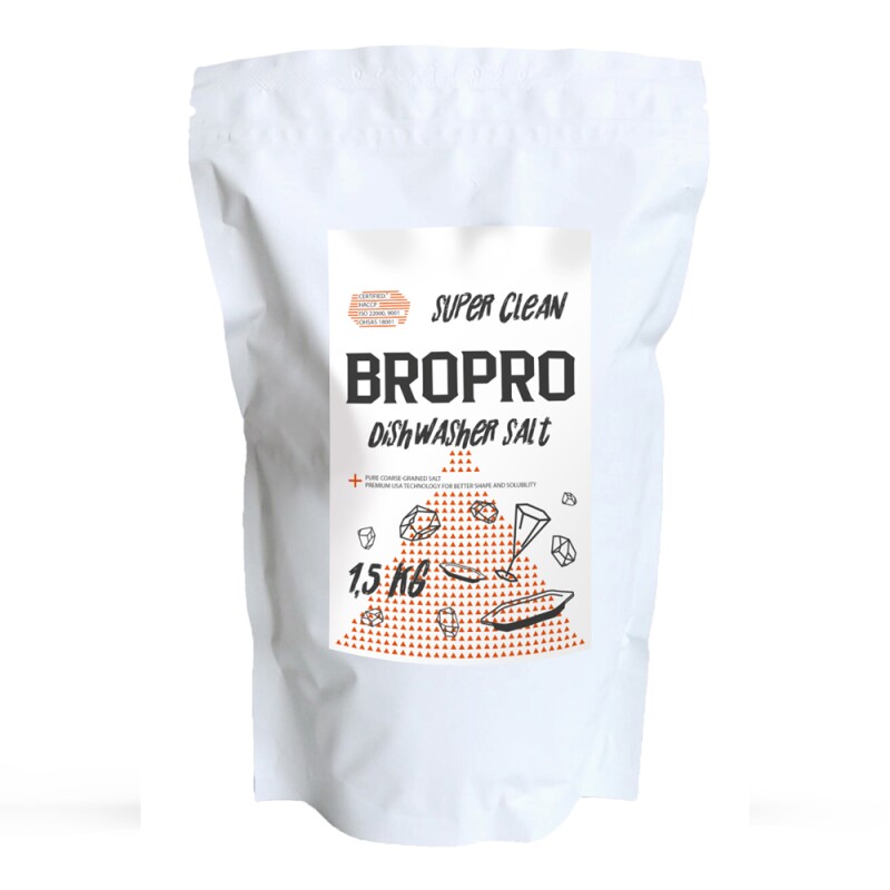 Соль для посудомоечных машин крупнокристаллическая, BroPro, пачка 1,5 кг.