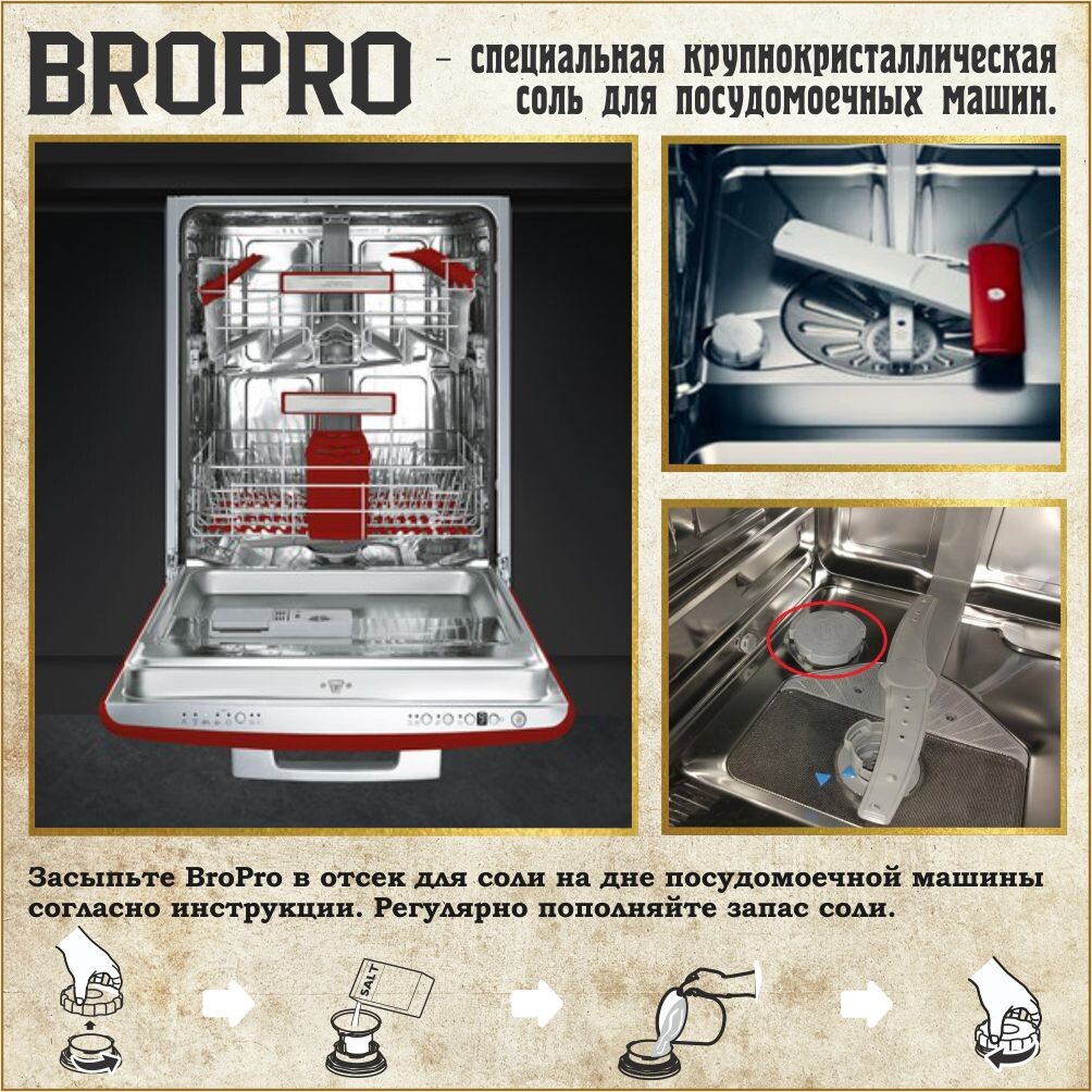 Соль для посудомоечных машин крупнокристаллическая, BroPro, пачка 2,5 кг.