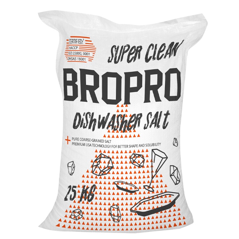 Соль для посудомоечных машин крупнокристаллическая, BroPro, мешок 25 кг.