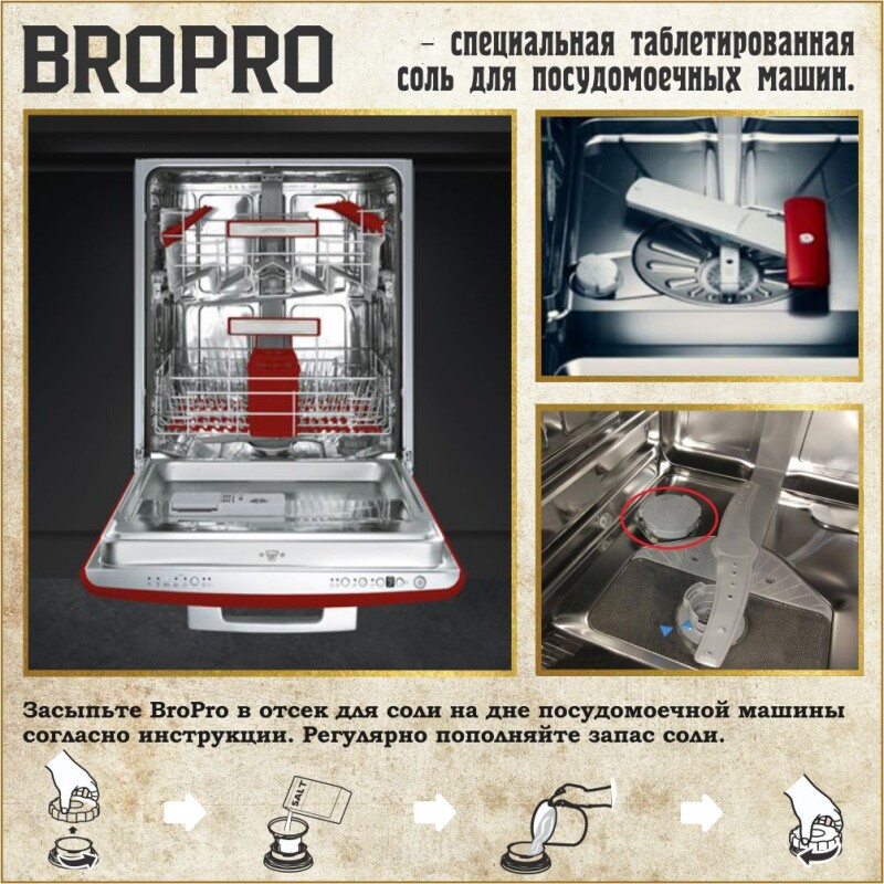 Соль для посудомоечных машин таблетированная, BroPro, мешок 10 кг.