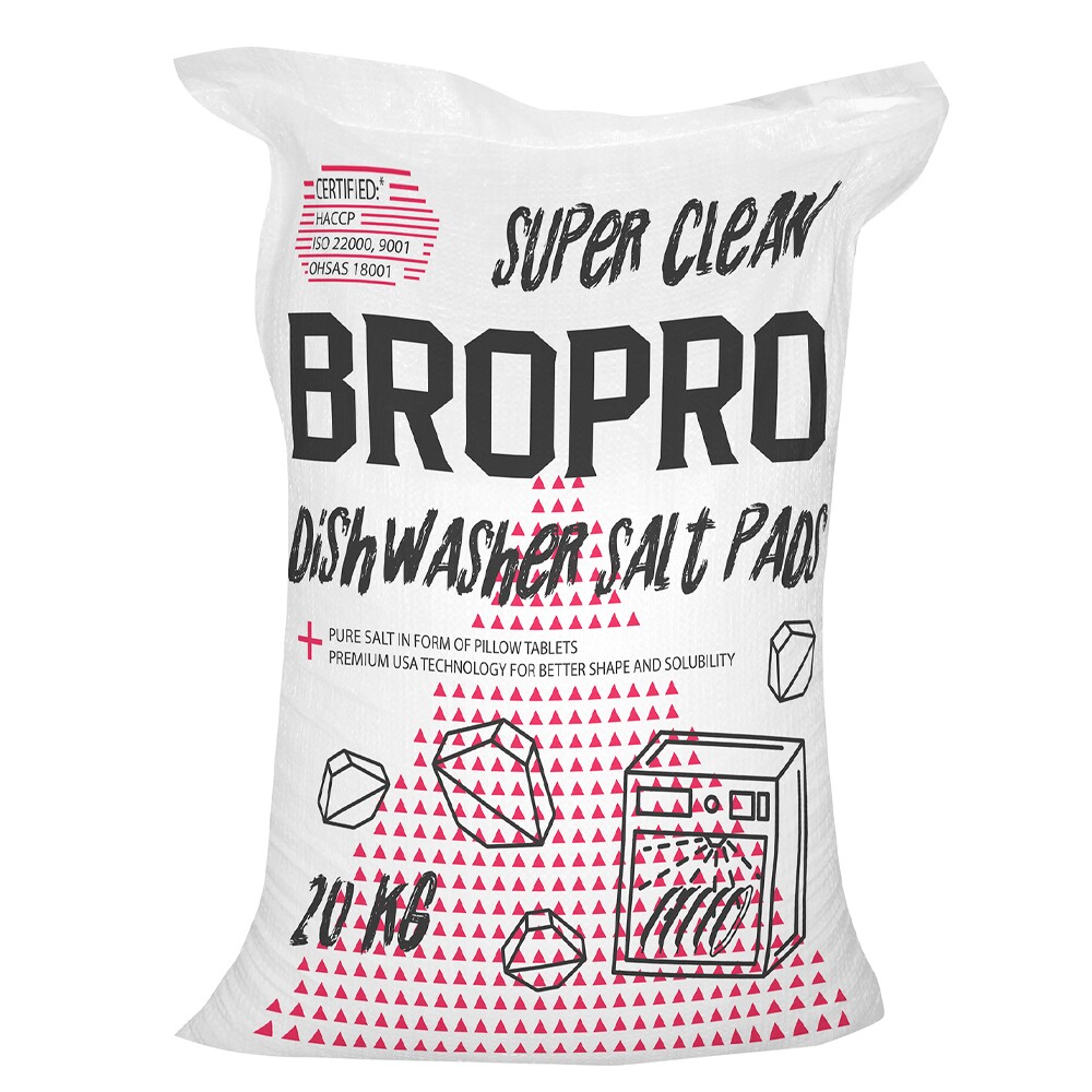 Соль для посудомоечных машин таблетированная, BroPro, мешок 20 кг.